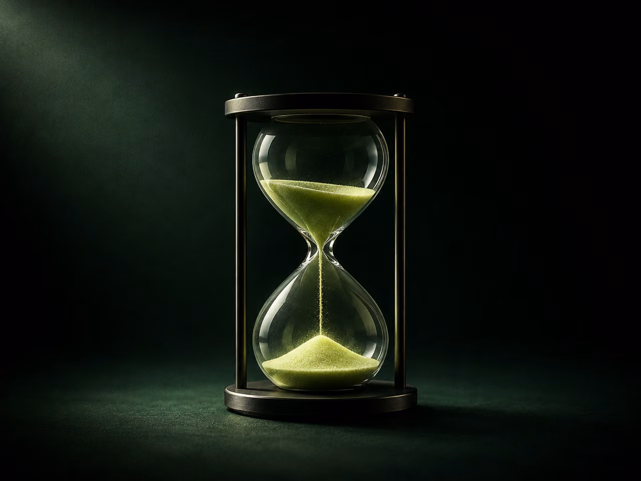 An hourglass with glowing lime sand