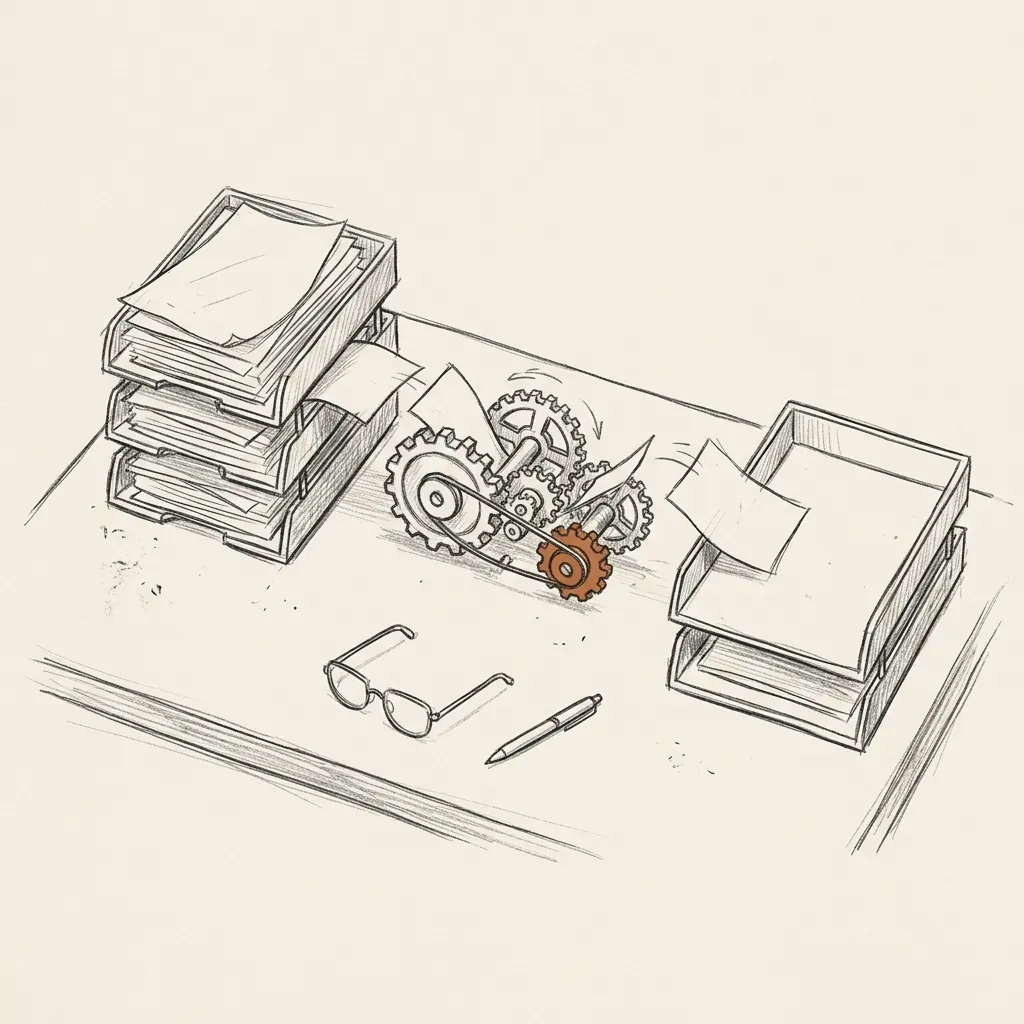 A drawing of a desk from above: a full paper tray on one side, a clockwork mechanism carrying sheets across, and an empty tray on the other