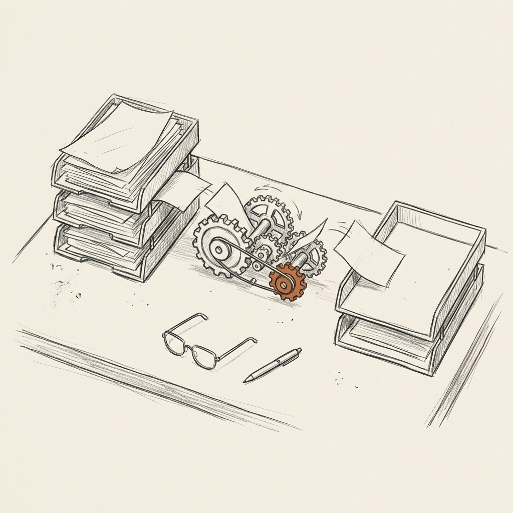 A drawing of a desk from above: a full paper tray on one side, a clockwork mechanism carrying sheets across, and an empty tray on the other