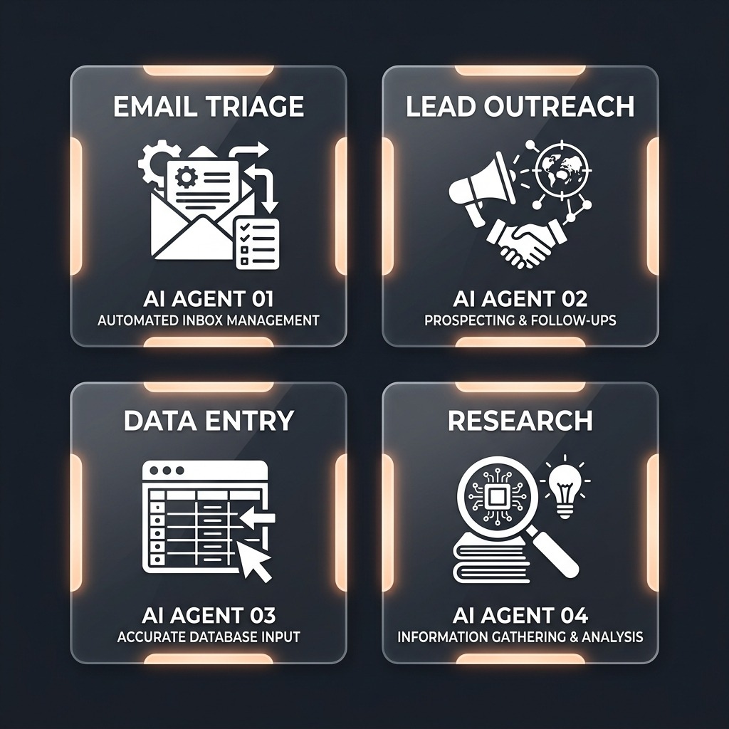 Autonomous AI Agent Guild: specialized single-purpose agents performing email sorting, lead outreach, data entry, and research