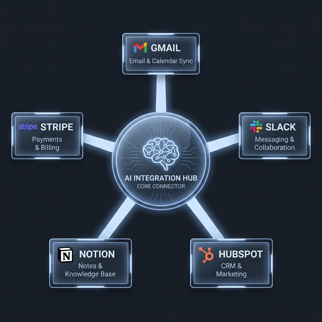 Agent Integration Engine: autonomous agent executing actions across Gmail, Slack, HubSpot, Notion, Stripe, and custom APIs
