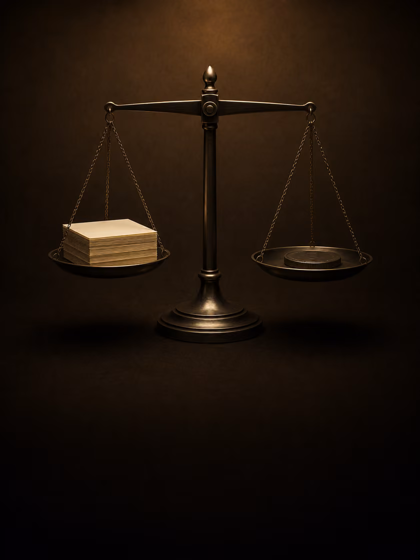 A balance scale weighing paper slips against a single coin