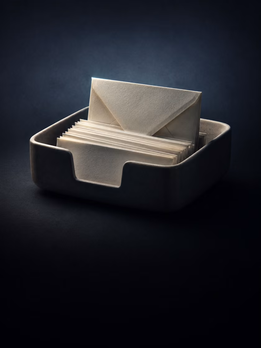 A ceramic desk tray holding a neat fan of cream envelopes