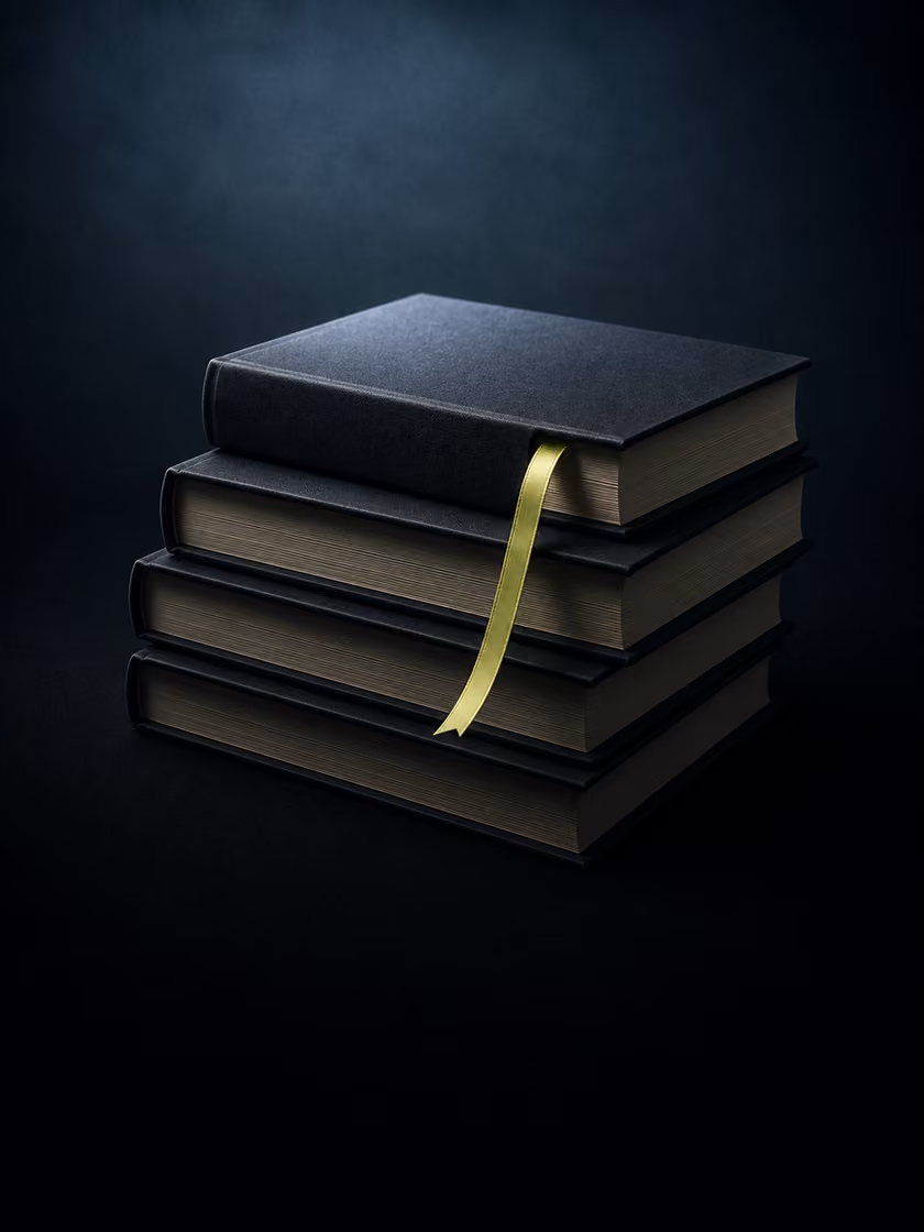 A stack of cloth-bound books with a lime ribbon bookmark