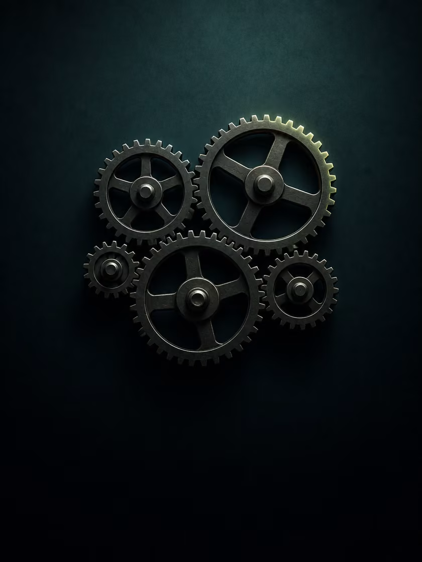 Interlocking dark metal gears meshed together