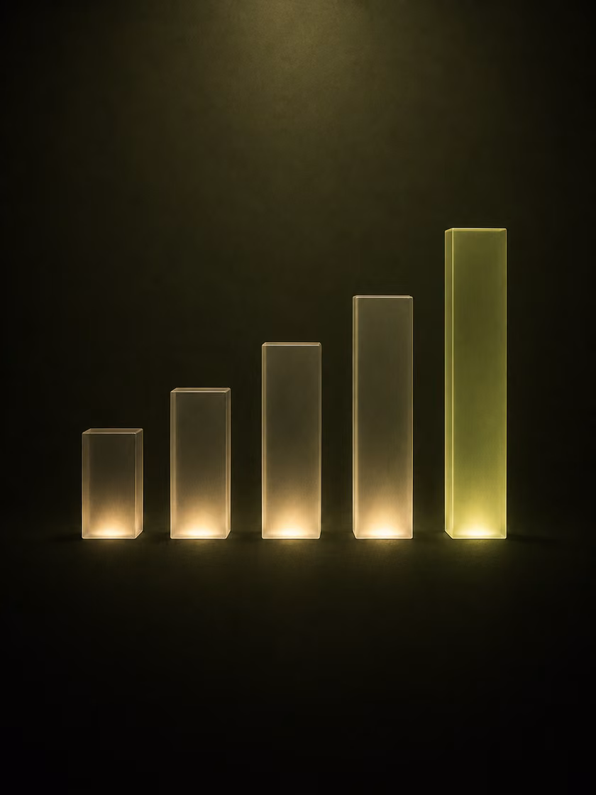 Frosted glass blocks of ascending heights glowing like a bar chart