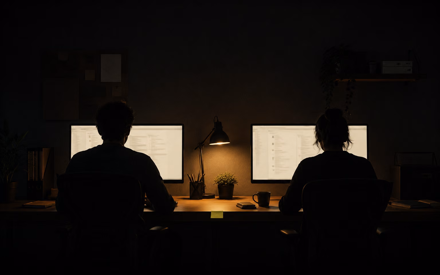 Two engineers silhouetted at a desk in a dark studio, screens glowing